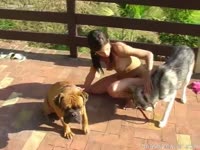 Girl sucks 2 jocks in terrace garden